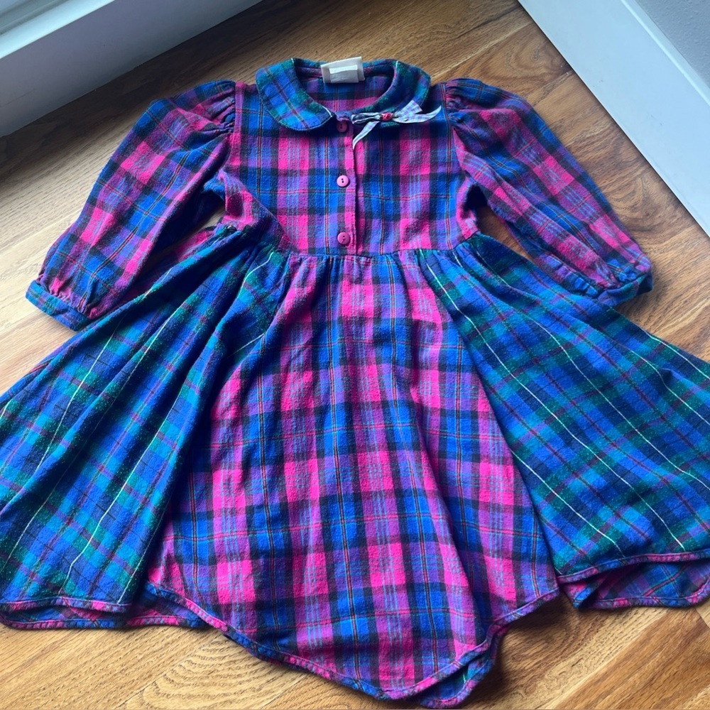 VTG Flutterby GirlsSize 6 Plaid Flannel Puffy Sleeve Dress Handkerchief Asym Hem